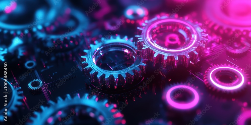 Poster modern digital abstract 3d background with floating gears and neon lights symbolizing innovation in 