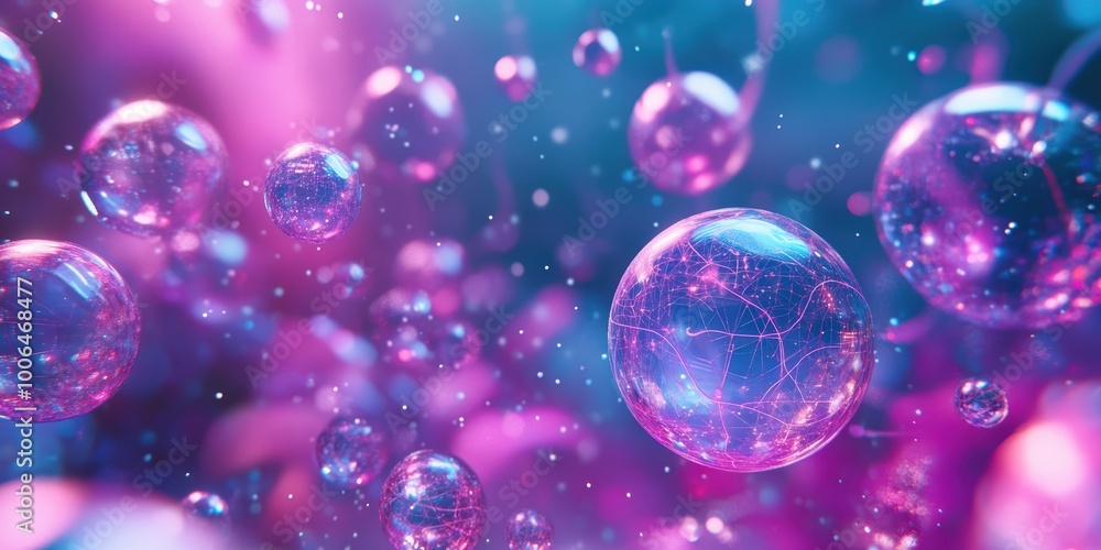 Poster modern digital abstract 3d background with floating holographic data spheres and glowing neural conn