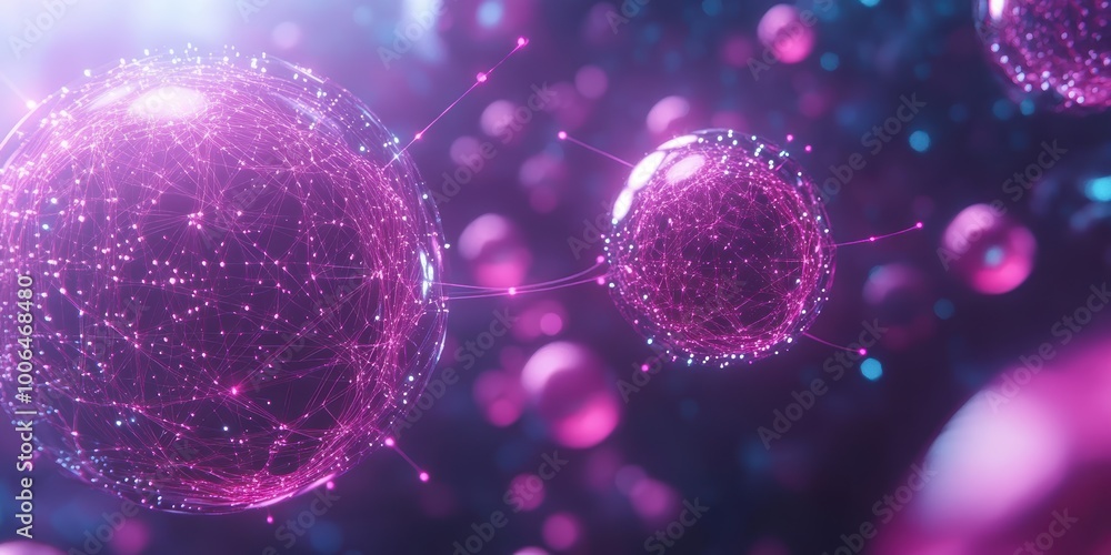 Poster modern digital abstract 3d background with floating holographic data spheres and glowing neural conn