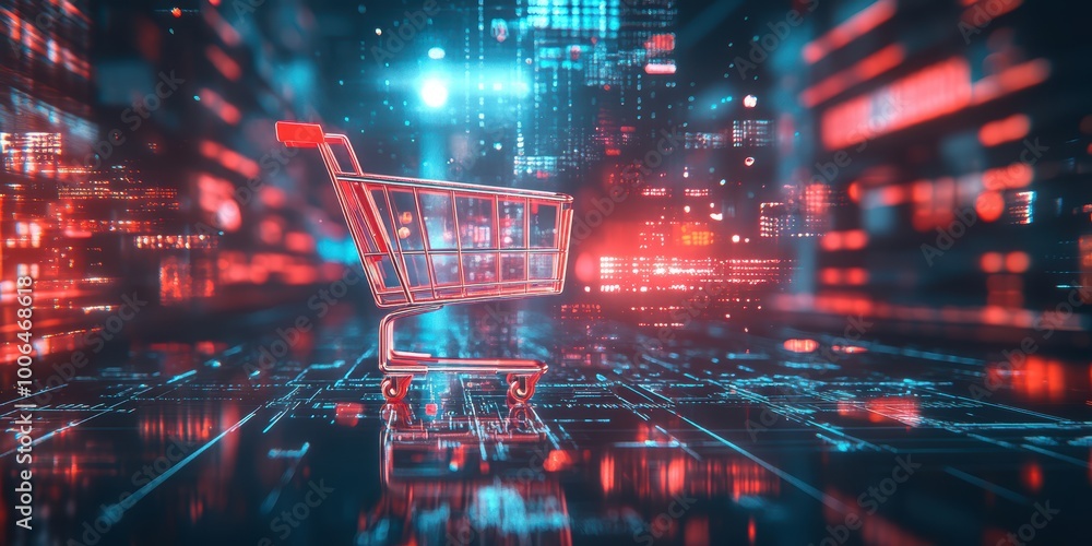 Poster modern digital abstract 3d background with floating shopping carts and glowing retail products repre