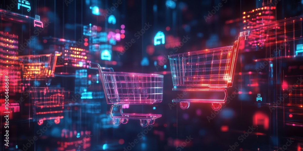 Poster modern digital abstract 3d background with floating shopping carts and glowing retail products repre