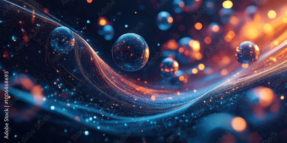 Poster modern digital abstract 3d background with floating spaceships and glowing planets merging space exp