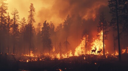 Deer in a forest fire.