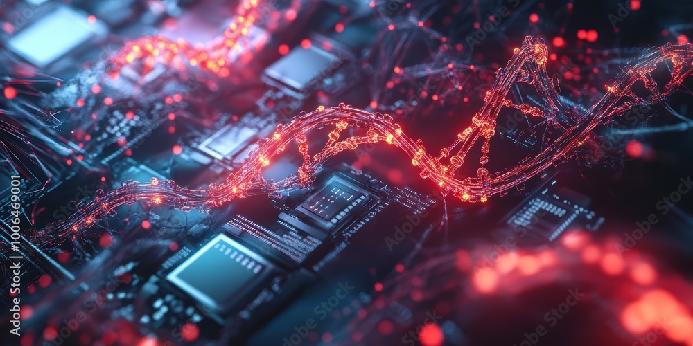 Poster modern digital abstract 3d background with glowing dna helixes, neurons, and computer chips represen