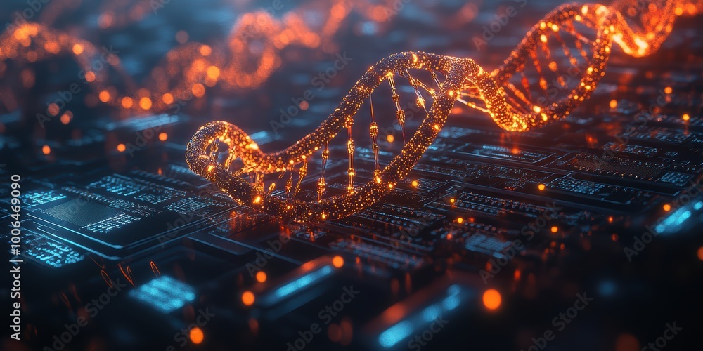 Poster modern digital abstract 3d background with glowing dna helixes, neurons, and computer chips represen