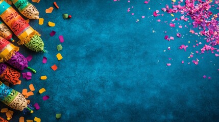 A lively arrangement of colorful papel picado banners, maracas, and small Mexican flags showcases the vibrant traditions of Hispanic Heritage Month, inviting celebration and appreciation