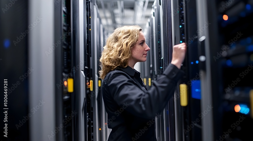 Aufkleber blurred view of server racks in a data center or server room at night