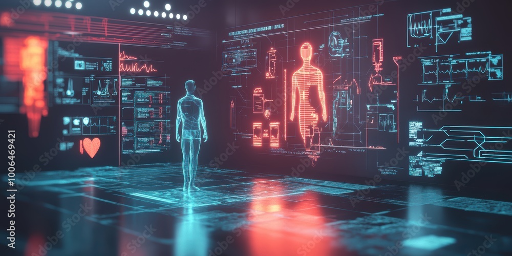 Poster modern digital abstract 3d background with glowing healthcare icons and virtual patient holograms in