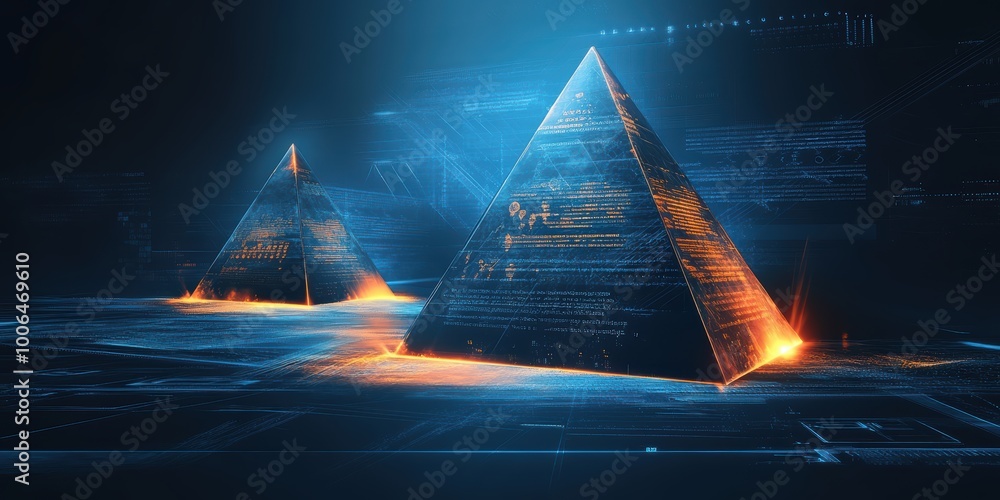 Aufkleber modern digital abstract 3d background with glowing pyramids and scrolling mathematical equations sym