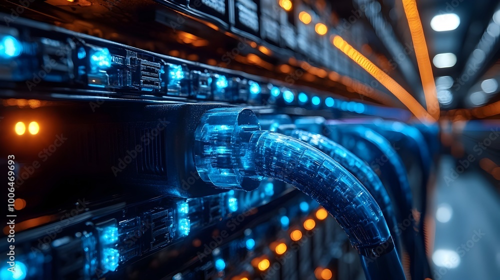 Poster futuristic digital circuit datacenter with illuminated servers and motherboards