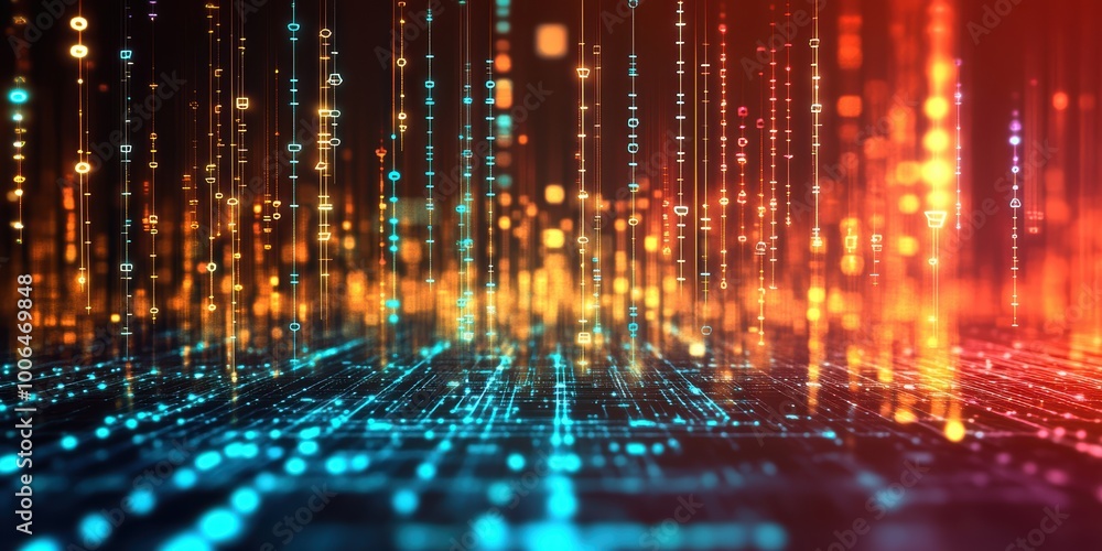 Poster modern digital abstract 3d background with holographic data points floating in a matrix, symbolizing