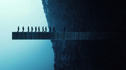 Digital Survival Bridge: A group of entrepreneurs walking on a narrow, glowing digital bridge made of binary code, stretching across a vast abyss representing economic recession