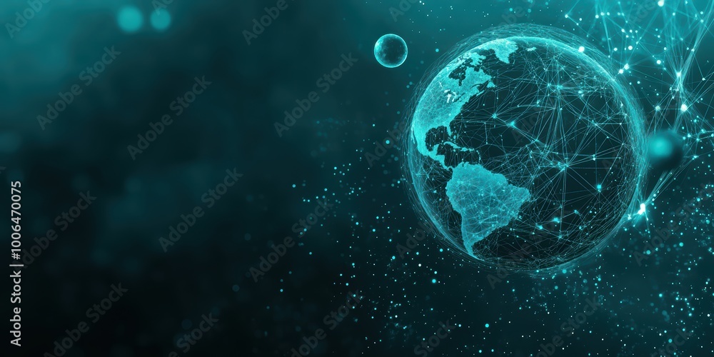 Poster modern digital abstract 3d background with interconnected globe icons and floating satellites repres