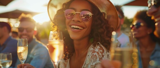 Happy girls having fun drinking cocktails at bar on the beach - Soft focus on girl face