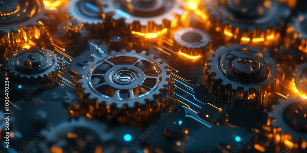 Poster modern digital abstract 3d background with interlocking gears and circuits representing automation a