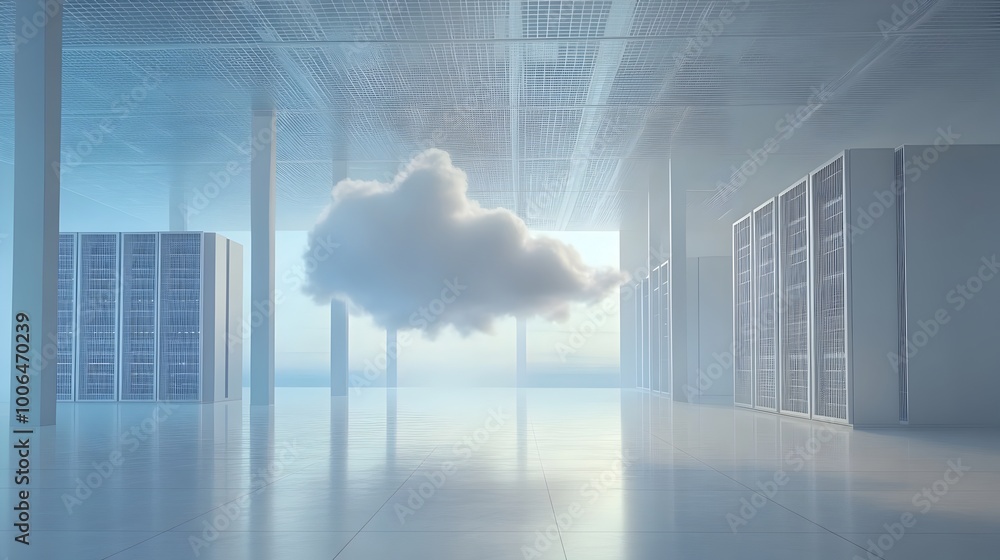 Poster futuristic cloud-based digital workspace with minimalist architecture and serene ambiance