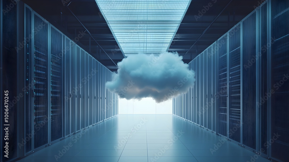 Poster futuristic data center with floating cloud server room