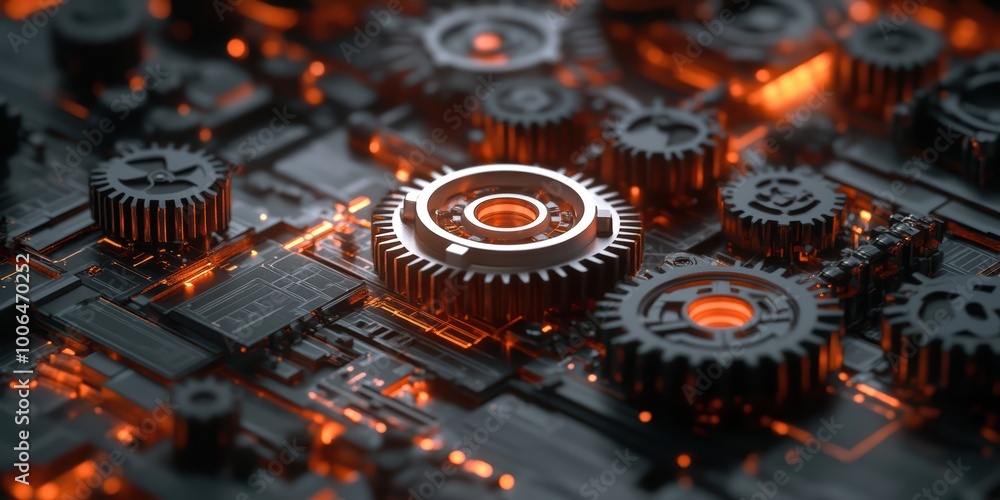 Poster modern digital abstract 3d background with interlocking gears and circuits representing automation a