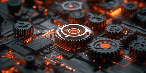 Modern Digital Abstract 3D Background with Interlocking Gears and Circuits Representing Automation and Technology