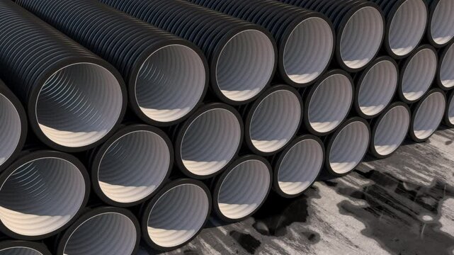 Black plastic pipes are stacked at the construction site, with the camera gliding alongside them. A close-up view that captures the essence of an industrial background. 3d rendering.