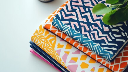 Fototapeta premium Three stylish folders with matching patterns, neatly stacked on a white background, showcasing cohesive design in organization