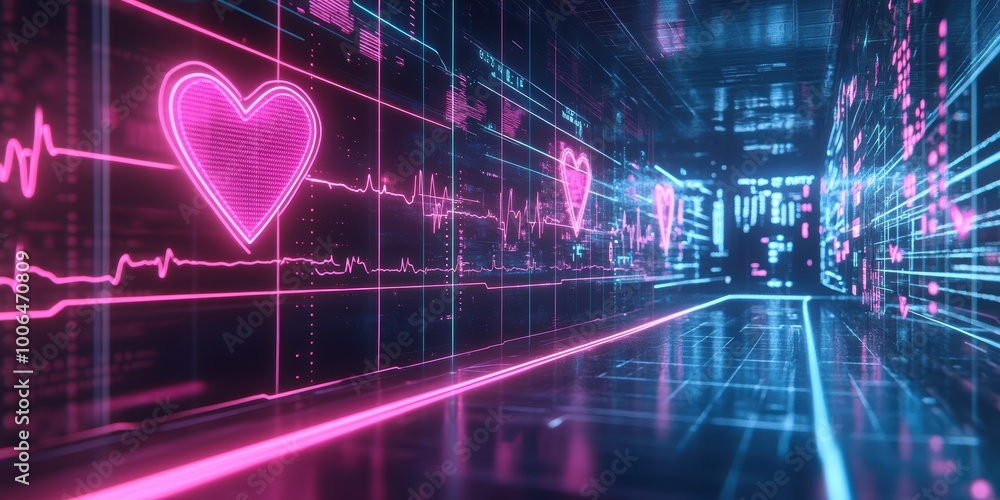 Aufkleber modern digital abstract 3d background with neon fitness symbols and pulsing heart rate lines represe