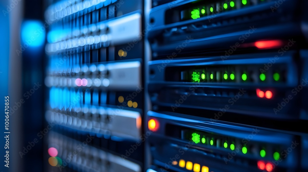 Poster rows of servers and racks powering digital infrastructure in futuristic tech center