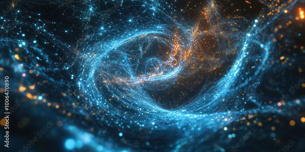 Poster modern digital abstract 3d background with swirling light trails and interconnected global networks 