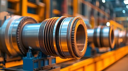 Obraz premium Close-up of massive electricity-generating turbines, sleek metal surfaces, detailed engineering, natural light illuminating the powerful machines