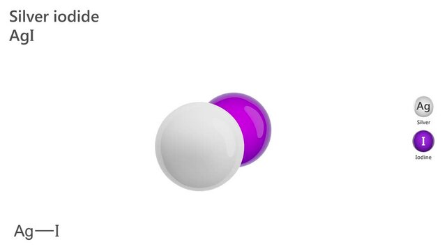 The molecule of silver iodide (AgI) is an iodide of silver. This photosensitive solid is utilized in photography, as an antiseptic in medicine. White background. 3D render. Seamless loop