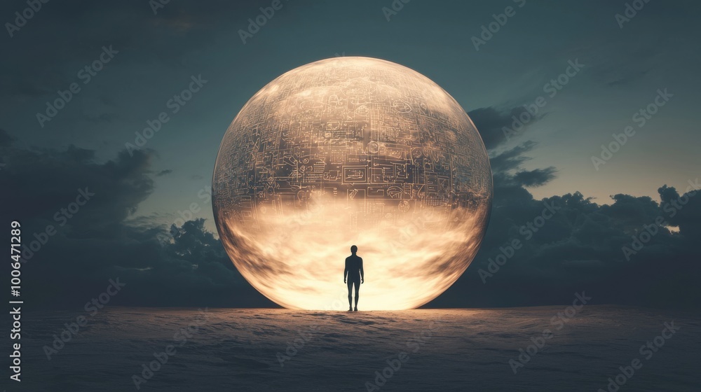 Aufkleber dreams need action: a figure standing at the base of a large, glowing dream bubble filled with symbo