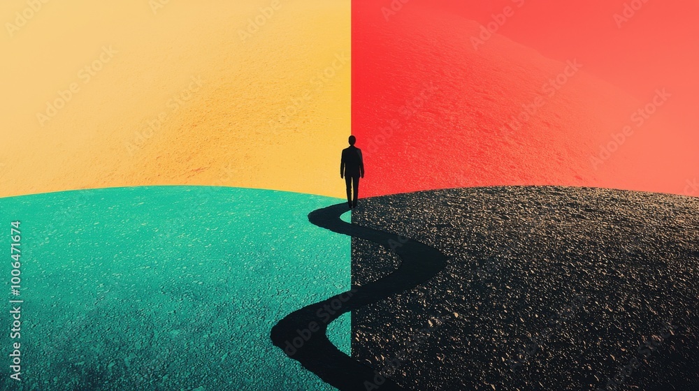 Poster dual pathways: a person walking on a path that splits into two, with one path lined with vibrant col