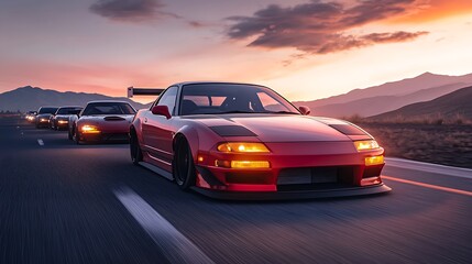 Red Sports Car Leading a Pack on a Winding Road at Sunset