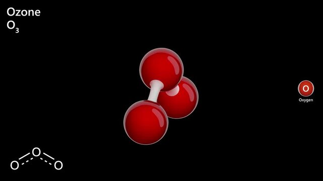 Ozone (O3) is a colorless to bluish gas used for disinfecting air and water, bleaching textiles, and ozonolysis. It also acts as a greenhouse gas, oxidizing agent, and mold inhibitor. 3D render