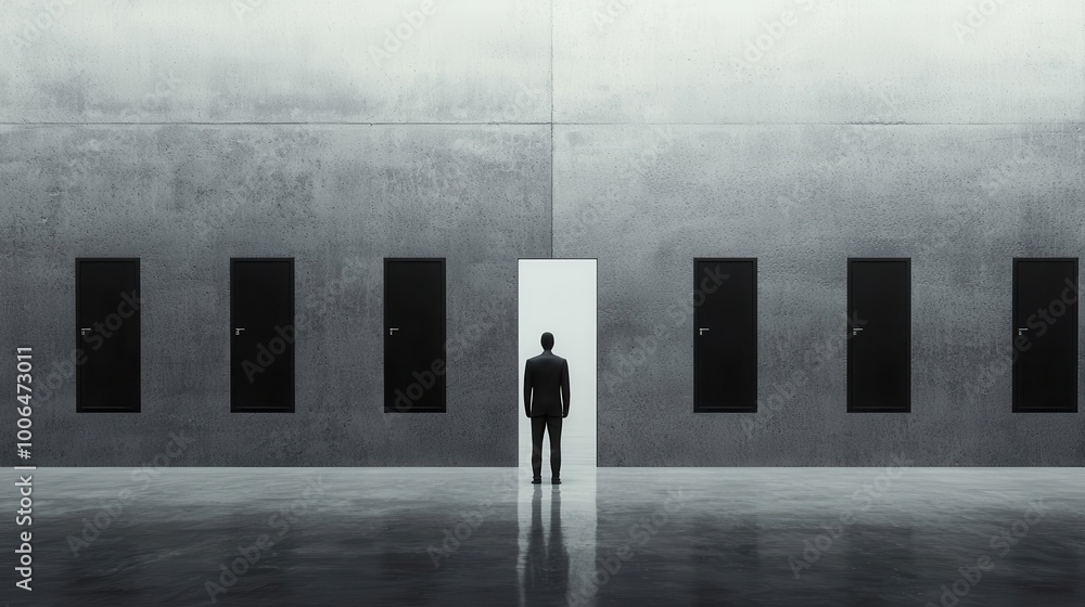 Poster empty battery mindset: a figure standing in front of a wall with multiple doors representing goals, 