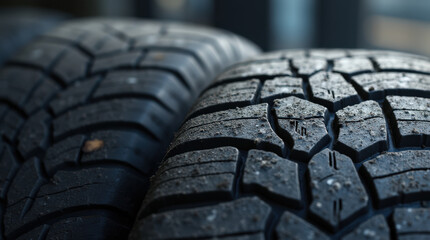 High-Quality Close-Ups of Car Tire and Off-Road Tire for Vehicles, Showing Details of Rubber Treads and Tire Patterns on Various Terrains