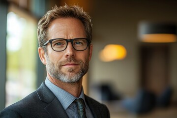 Fototapeta premium Close-up portrait of a middle-aged man in a suit and glasses looking intently at the camera.
