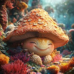 Smiling Giant Mushroom in Bright Coral Background - Playful and Whimsical Fantasy Concept with Vibrant Colors