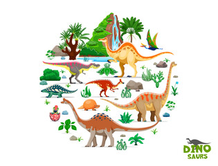 Cartoon prehistoric dinosaurs and Jurassic lizards character in forest, vector banner. Dino world extinct animals and prehistoric birds with reptiles for dinosaurs atlas book or paleontology museum