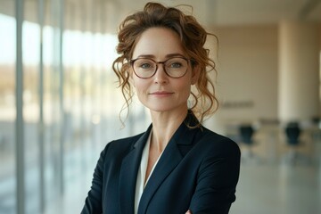 Confident Businesswoman with Glasses and Curly Hair in an Office