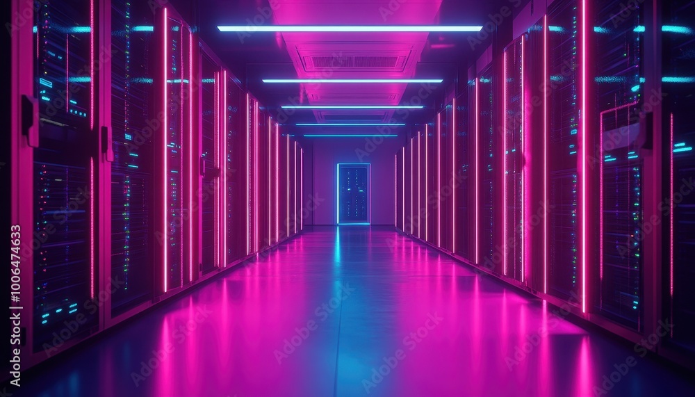 Poster high-tech data center with rows of server cabinets, illuminated by led lights.