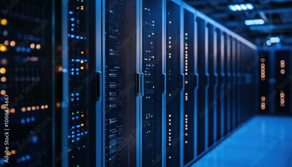 Poster high-tech data center with rows of advanced server cabinets, illuminated by bright lights and a slee