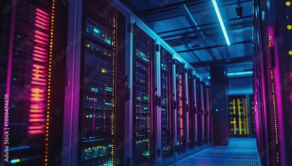 Poster high-tech data center with rows of server cabinets, illuminated by led lights.