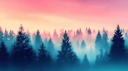 Fototapeta premium A breathtaking view of a misty forest at sunrise, showcasing beautiful silhouettes of trees against a colorful sky. The scene evokes tranquility and natural beauty.