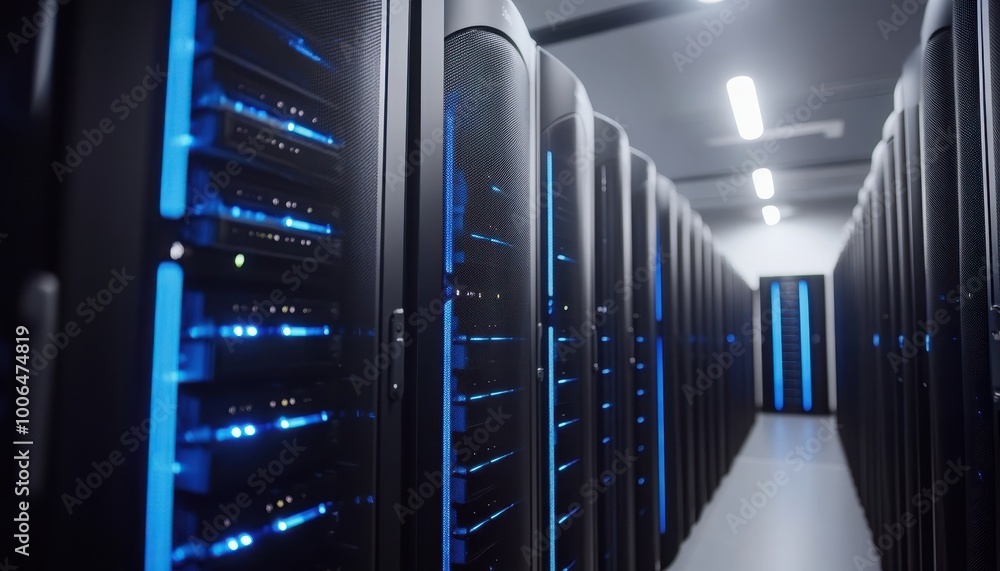 Poster high-flex audio server room with rows of high-speed hard drives and storage on the left side. in fro