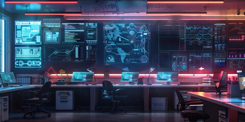 IT Administrator's Office Wall: Displaying network diagrams, computer maintenance schedules, and a board with IT support contact information
