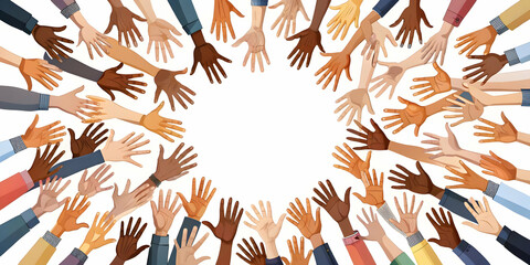 Fototapeta premium Seamless Pattern of Diverse Minimalist Hands in Various Skin Tones Forming a Supportive Circle: Unity and Diversity in Flat Vector Illustration