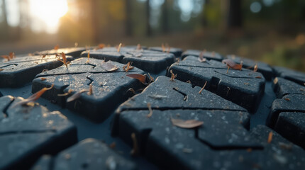 High-Quality Close-Ups of Car Tire and Off-Road Tire for Vehicles, Showing Details of Rubber Treads and Tire Patterns on Various Terrains