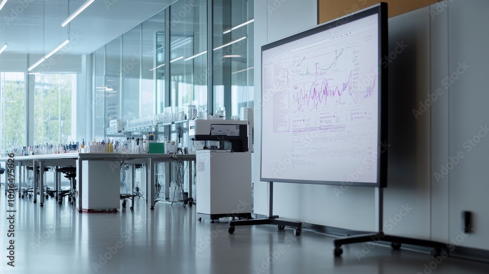 Poster in a modern tech lab, a large digital screen displays intricate data, while next to it, a whiteboard
