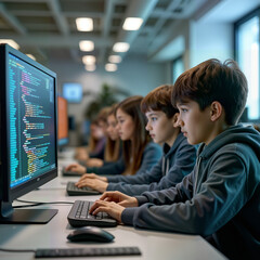 A group of focused children engages in coding at computers, showcasing teamwork and concentration. Image is ideal for STEM educational materials, tech workshops, or promoting coding programs for kids